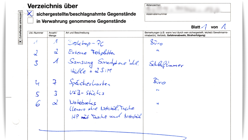 Verzeichnis beschlagnahmter Gegenstände bei einer Hausdurchsuchung