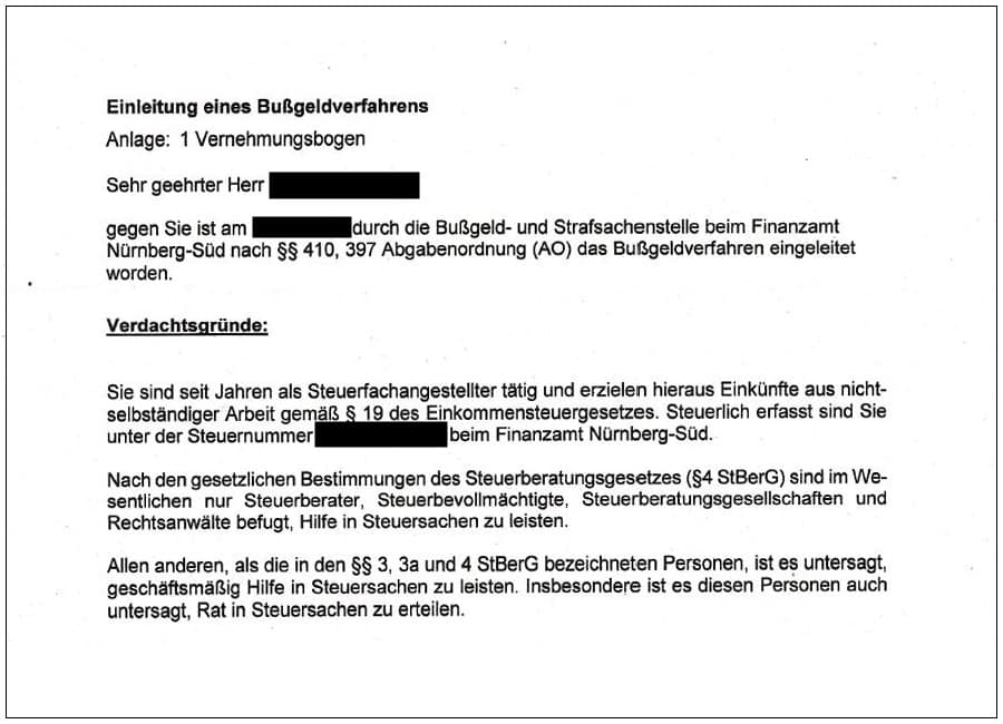 Einleitung Bußgeldverfahren vom Finanzamt wegen unbefugter Hilfe in Steuersachen