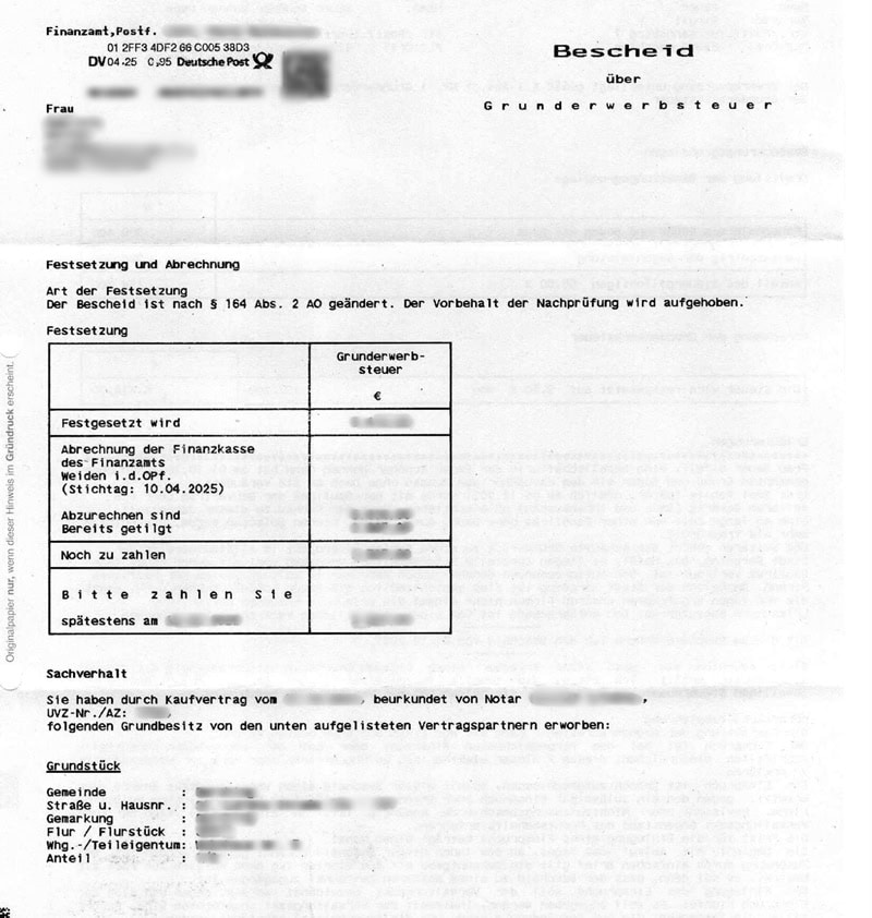 Grunderwerbsteuerbescheid des Finanzamts nach Hauskauf
