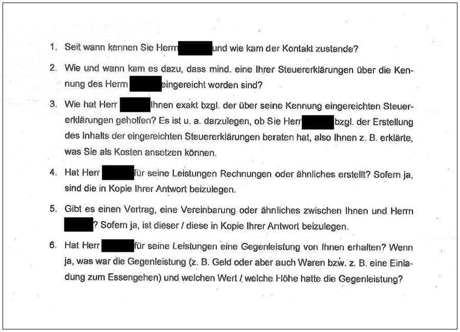Fragenkatalog des Finanzamts wegen unbefugter Hilfe in Steuersachen